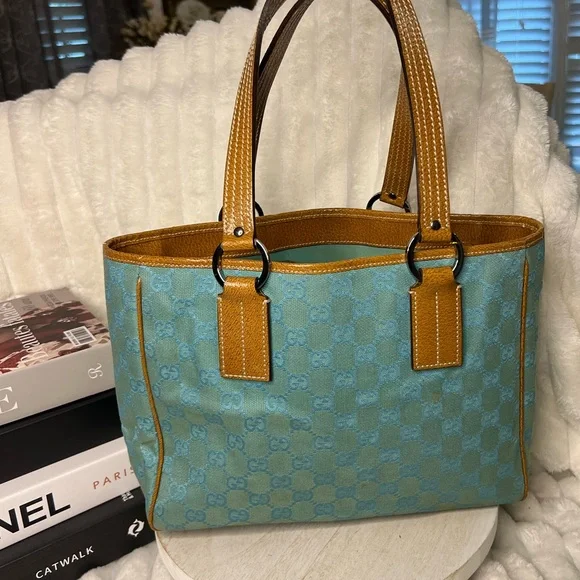 Gucci GG Blue Canvas Tote with Brown Leather Trim with COA - Picture 15 of 15